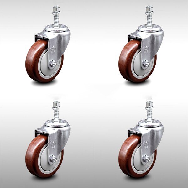 Service Caster 4 Inch SS Maroon Polyurethane Wheel Swivel 10mm Threaded Stem Caster Set SCC SCC-SSTS20S414-PPUB-MRN-M1015-4 - main
